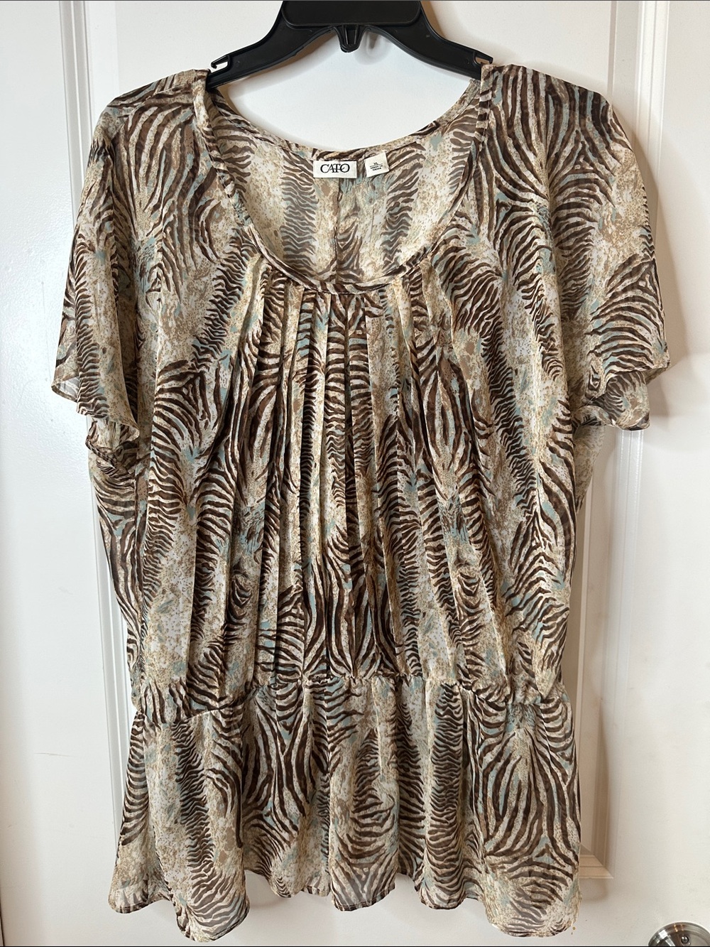 Cato Brown & Cream Zebra-Print Pleated Peplum Blouse